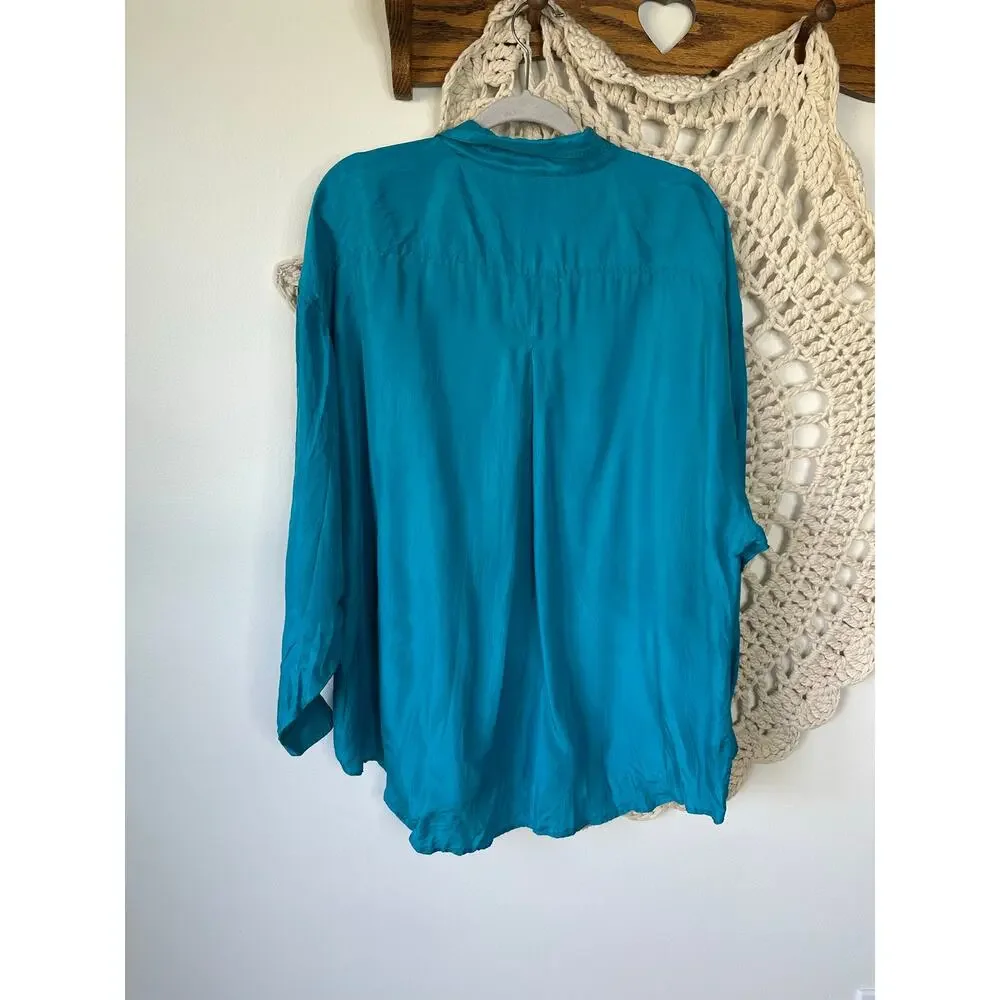 Express Vintage 90s Oversized Silk Button Up Turquoise Blue Shirt Size Large